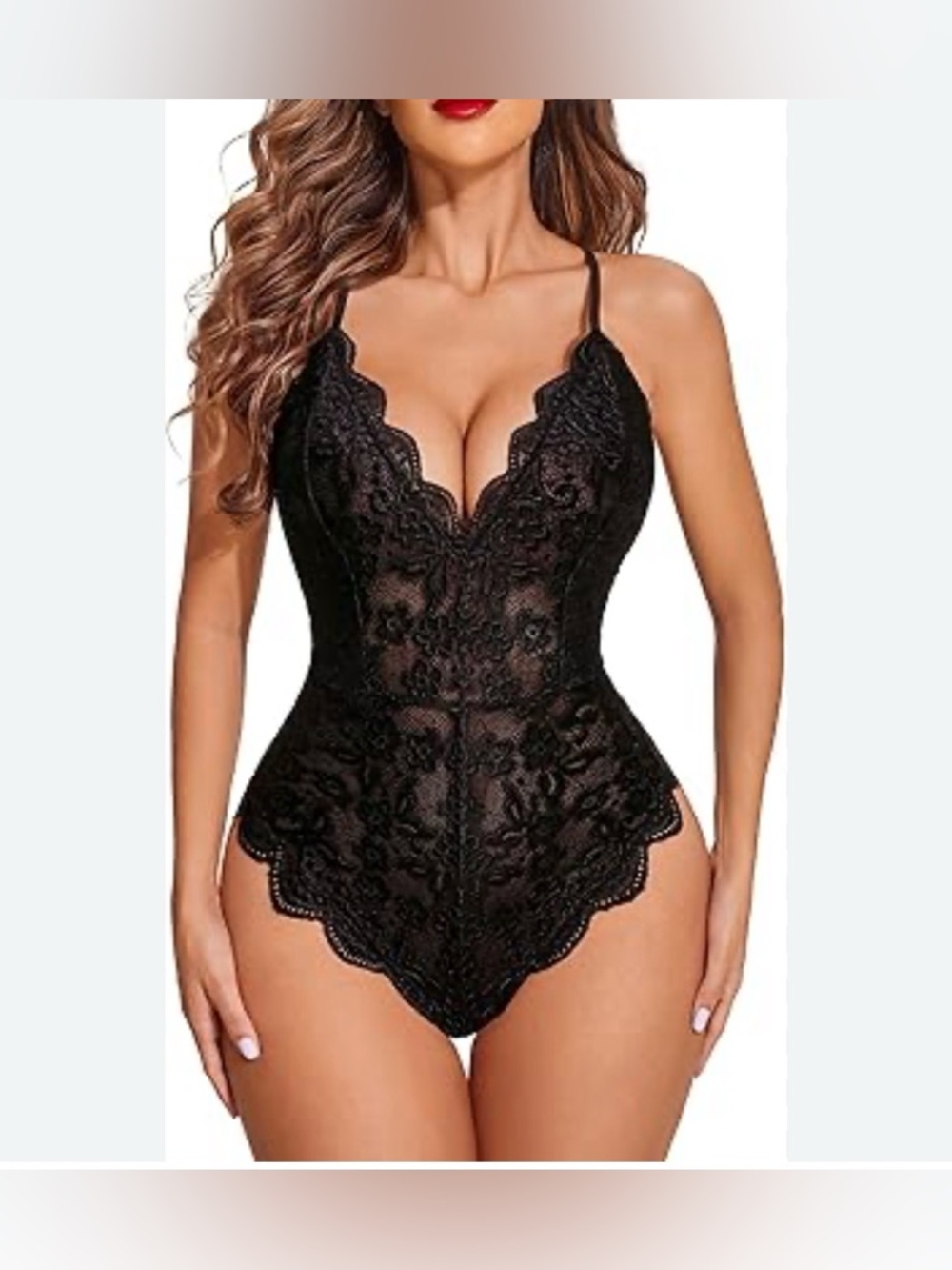 Lingerie Womens Bodysuit Nightwear Deep V Neck Lace One Piece Size Large